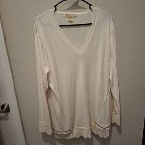Michael Kors 1X Cream V-neck Gold Zipper Accent Knit Pullover Sweater